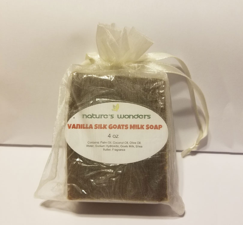 Vanilla Silk Goats Milk Soap shrink wrapped in gift bag